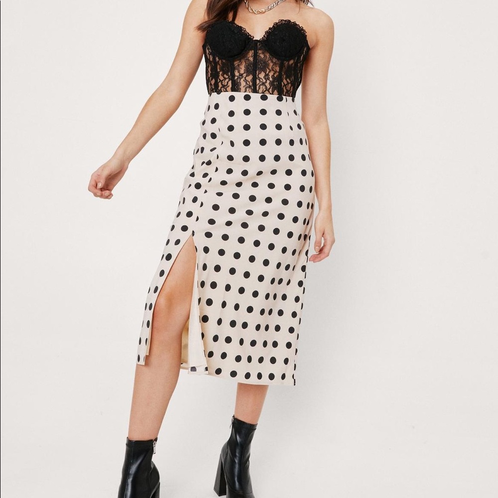 Polka Dot Split Front High Waisted Midi Sk… - Picture 1 of 5